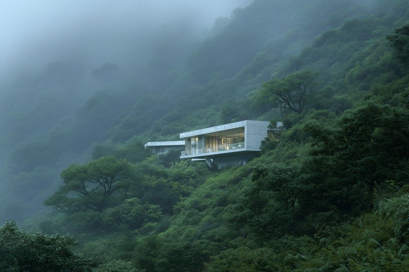 A modern concrete and glass house perched on a misty hillside, blending contemporary architecture with lush forest surroundings, moody atmospheric light and serene seclusion.
