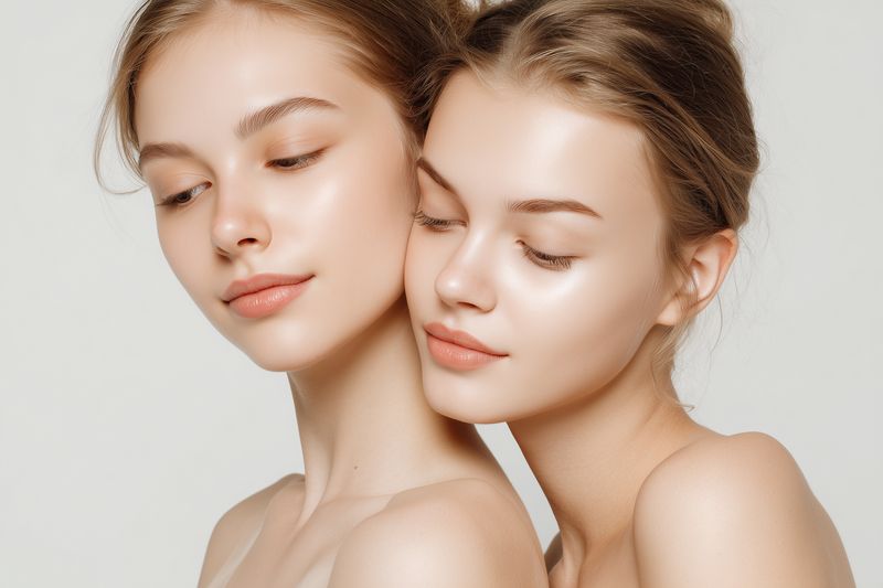 Two young women with glowing healthy skin pose closely in a studio portrait, showcasing natural beauty, minimal makeup and skincare results in a soft luminous composition.