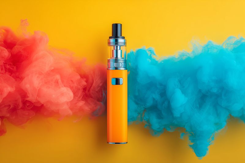 Bright orange vape device centered against a vibrant yellow background with contrasting red and blue vapor clouds, creating a bold contemporary still life composition with glossy metal accents.