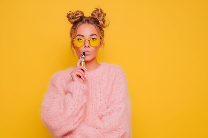 Young woman in a fluffy pink sweater and yellow sunglasses vaping against a bright yellow background, styled hair buns and soft lighting create a trendy playful modern portrait.