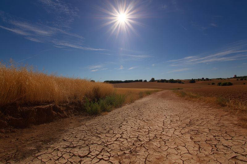 Dry cracked earth road leading through parched farmland under a harsh midday sun, golden wheat fields at the edges and a vast blue sky conveying drought, heat and rural aridity.