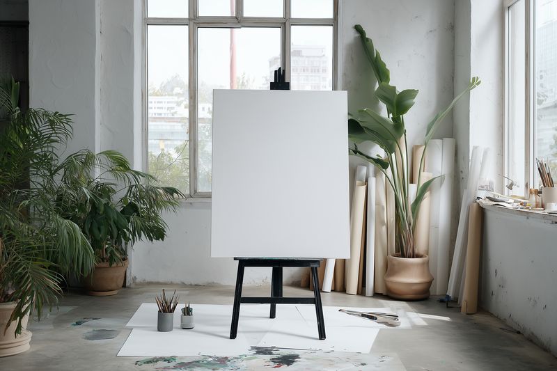 Bright artist studio with a blank canvas on an easel surrounded by potted plants, natural light from large windows, paints and brushes scattered on concrete floor.