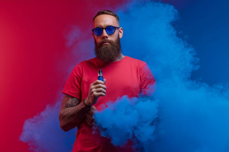 Bearded man wearing sunglasses holds an electronic cigarette and exhales dense colored vapor in a dramatic studio portrait with contrasting red and blue lighting and smoke.