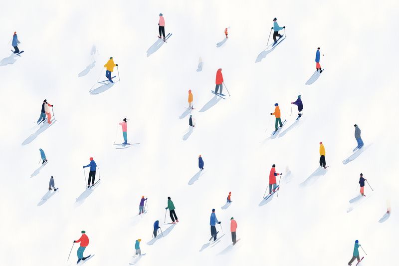 Aerial view of numerous skiers scattered across a bright snowy slope, minimalist composition with colorful winter clothing and long soft shadows creating rhythm and movement.
