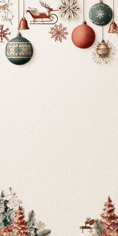 Vintage holiday background featuring hanging ornaments, decorative baubles, snowflakes and sleigh motifs on textured paper, with seasonal wreaths and forest silhouettes framing ample blank space for