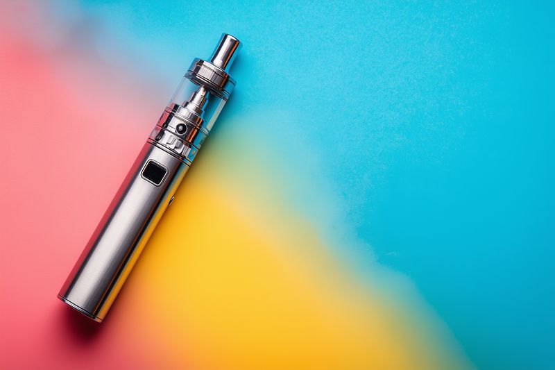 Sleek metallic electronic vaporizer photographed on a vibrant gradient background, emphasizing reflective chrome surfaces, compact cylindrical form and contemporary portable gadget aesthetics.