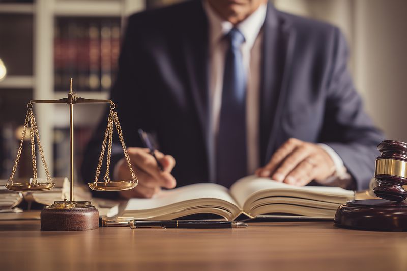 Legal professional in a suit reviewing documents at a desk with scales of justice and a gavel, symbolizing courtroom practice, case preparation, contract review and legal counsel.