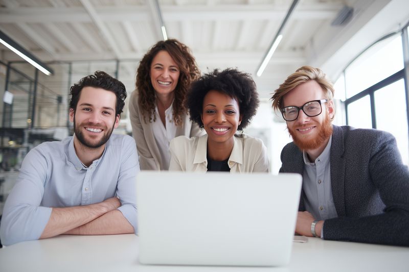 Diverse group of four professionals smiling at camera while gathered around a laptop in a modern bright office, conveying teamwork, collaboration, brainstorming and positive workplace energy.