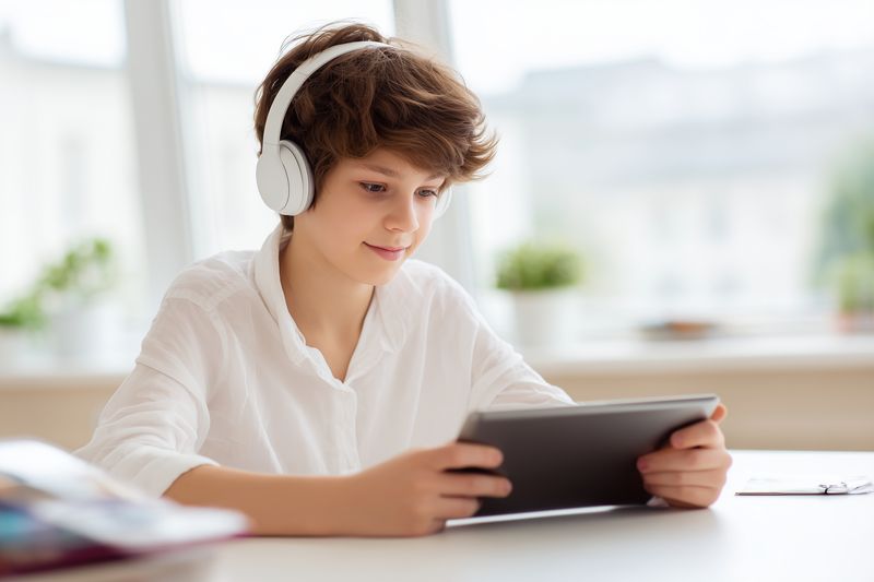 A teenage boy wearing white headphones and a white shirt uses a tablet at a bright table, concentrating on digital content for learning and entertainment in a modern, sunlit home interior.