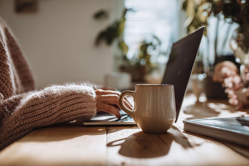 Cozy home workspace with a person typing on a laptop at a wooden table, warm sunlight, ceramic coffee mug and soft sweater conveying comfort, productivity and focus.