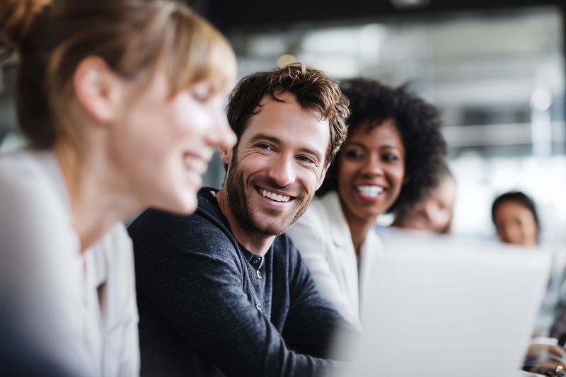Smiling coworkers collaborate in a modern office, sharing ideas and using laptops during a friendly meeting, focused on teamwork, communication, creative problem solving and innovation.