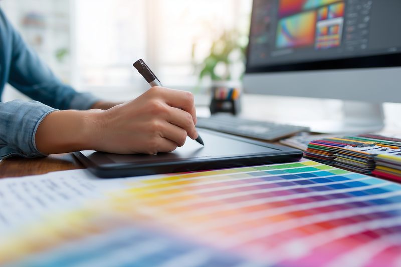 A creative designer at a bright studio desk uses a digital drawing tablet and stylus, surrounded by colorful paper swatches, tools and a large monitor showing design software and samples.