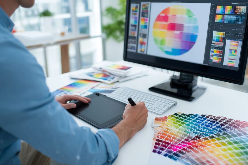 A graphic designer workspace featuring color swatches, a digital drawing tablet, stylus and monitor displaying a color wheel. Creative professional choosing palettes for print and digital.