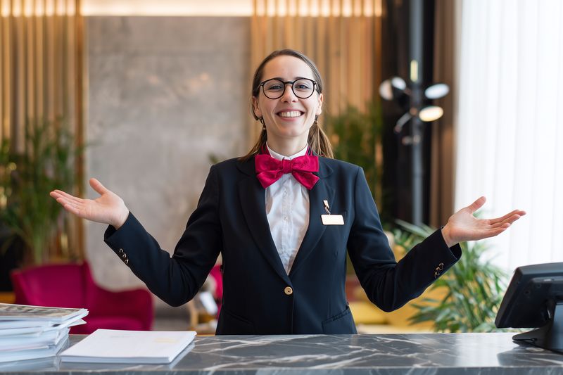 Smiling hotel receptionist in uniform welcomes guests with open arms behind a modern front desk, conveying friendly hospitality, professional service and warm customer greeting atmosphere.