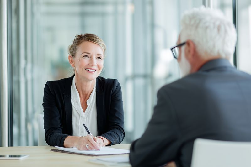 Smiling professional woman taking notes during a formal business meeting with a senior colleague in a bright modern office, demonstrating active listening and confident communication.