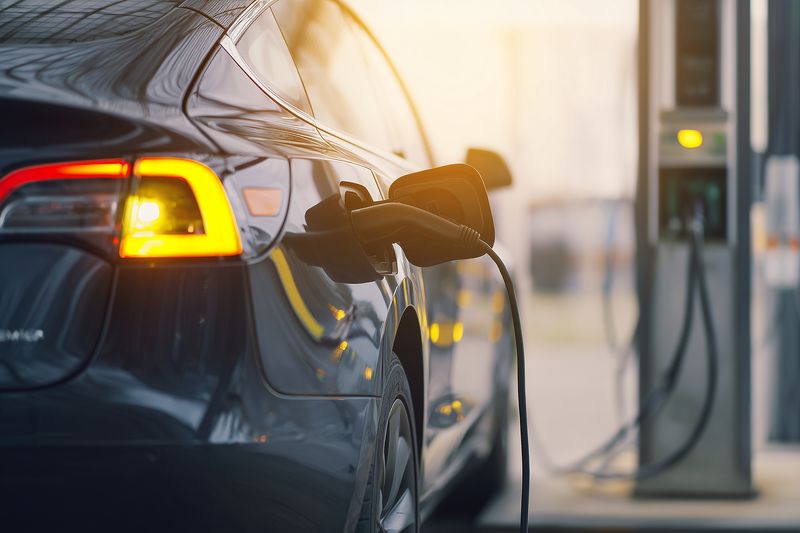Electric car charging at a public charging station during golden hour, close-up of the charging plug connected to the vehicle, reflecting light on glossy paint and tail light.
