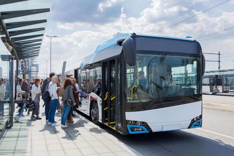 Modern electric city bus parked at a busy transit stop as passengers queue and board, showcasing public transportation, urban mobility, accessibility and sustainable transport design.