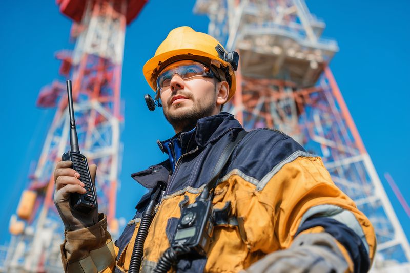 Industrial worker in protective gear and yellow helmet uses a handheld radio while inspecting a tall metal structure, conveying safety, communications and field operations focus.