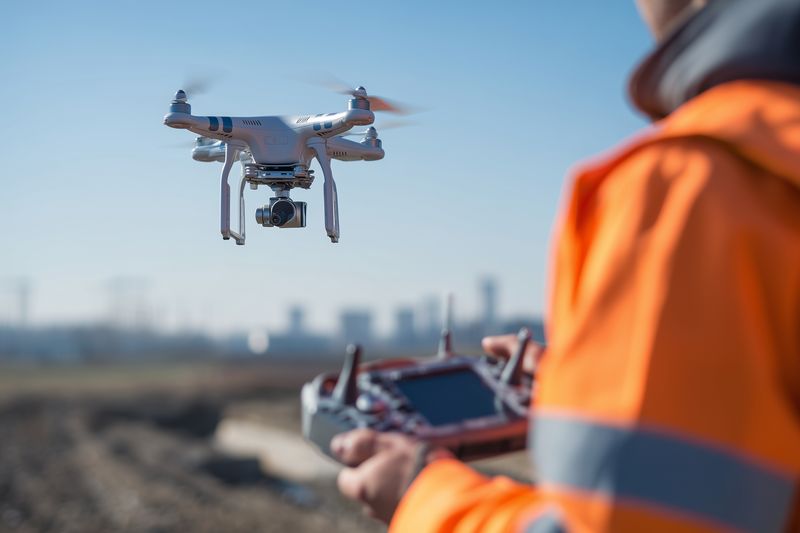 Aerial drone hovering over an open site while a technician in a high visibility orange jacket operates the remote controller, capturing footage of urban landscape.