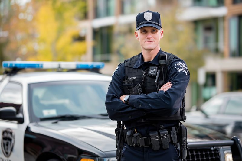 Uniformed police officer standing confidently with arms crossed in front of a patrol car, wearing duty gear and radio, urban background with blurred buildings and autumn foliage.