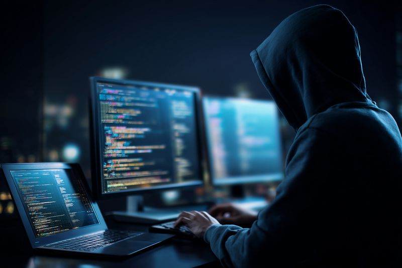 Hacker in a hoodie works late at night in a dimly lit room surrounded by multiple monitors displaying colorful code, laptop and keyboard creating a tense cybersecurity atmosphere.