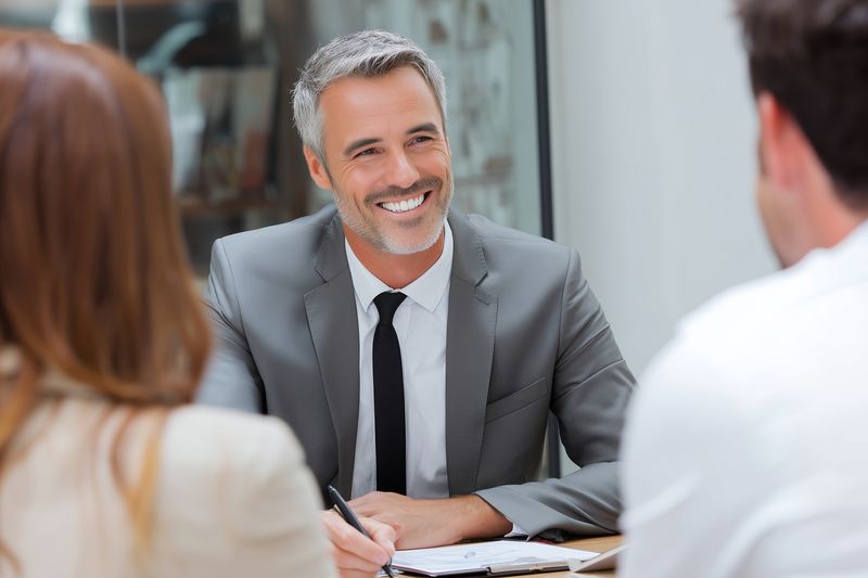 Smiling professional man in grey suit conducts a friendly business meeting with clients across a desk, taking notes and engaging in confident, approachable communication.