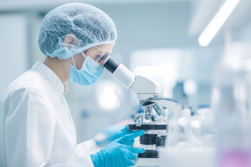 Laboratory scientist wearing mask, hairnet and gloves peers into a microscope in a bright sterile lab, analyzing samples and performing precise biomedical research and testing.
