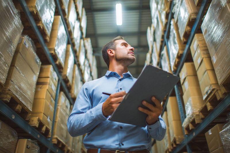 Warehouse manager inspects inventory between tall storage racks, holding a clipboard and pen while checking boxed goods and pallets under industrial lighting in a distribution facility.
