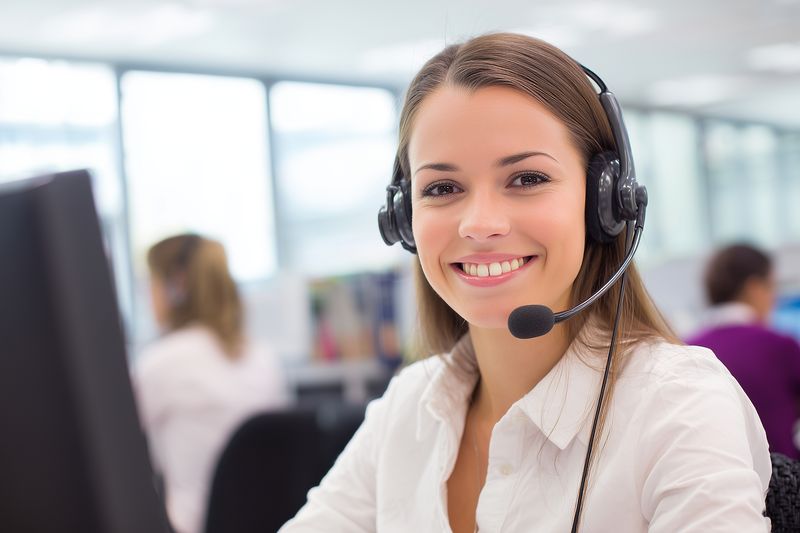 Young female customer service representative wearing a headset smiles at the camera while working in a modern open office call center, providing friendly support and professional assistance.
