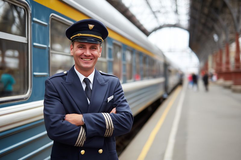 Smiling train conductor in a formal navy uniform stands confidently on a busy platform beside a blue passenger carriage at a historic station, projecting professionalism, warmth, and reliable service.
