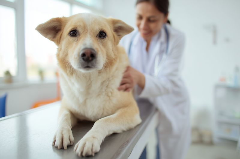 A calm mixed breed dog lies on a veterinary examination table while a veterinarian gently examines its side in a bright clinical setting, conveying care, trust and professional compassion.