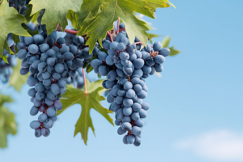 Close-up of ripe blue grapes hanging in dense clusters on a vine against a clear sky, showcasing textured skins and green leaves, evoking fresh harvest and natural summer produce.