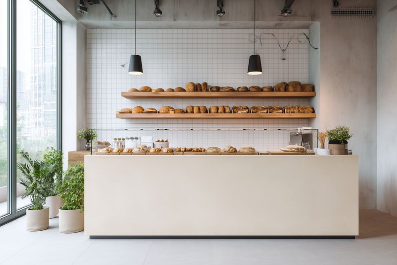 Bright modern bakery interior with minimalist counter and wooden shelves filled with fresh bread and pastries, pendant lights and large windows creating airy atmosphere.