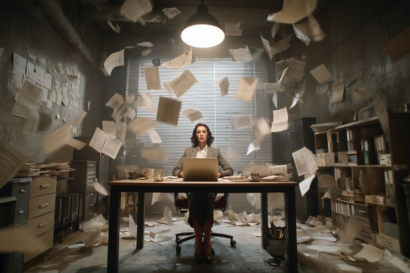 A focused woman sits at a wooden desk with a laptop in a dim vintage office as papers whirl around her, creating a dramatic scene of chaos, motion and concentrated determination.