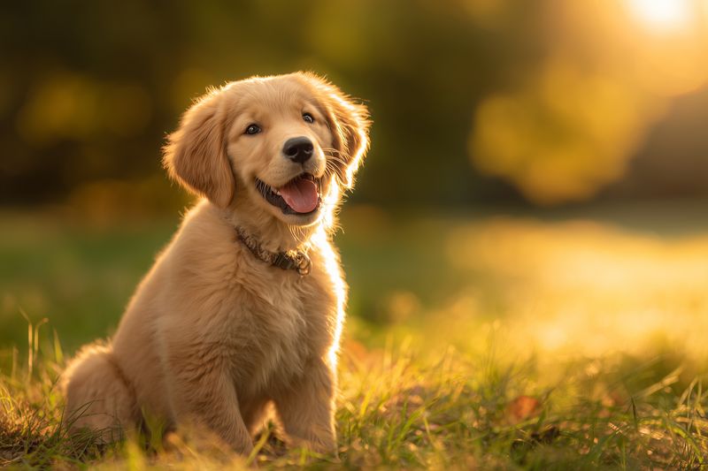 Adorable golden retriever puppy sitting on sunlit grass during warm golden hour, looking happy and playful with soft fur and bright eyes in a blurred natural background and gentle sun rays.