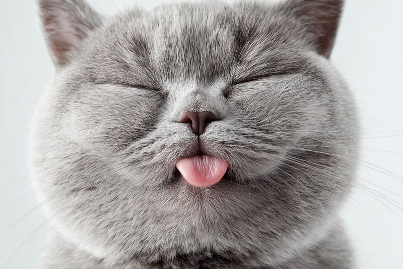 Close-up portrait of a fluffy gray cat with eyes closed and tongue playfully sticking out, soft fur detail and gentle expression conveying charm and cozy personality.