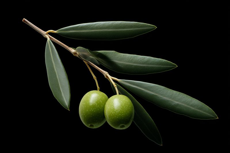 Close-up studio photograph of a fresh olive branch with two green olives and elongated leaves on a black background, highlighting texture, glossy skin, natural botanical detail and organic color.