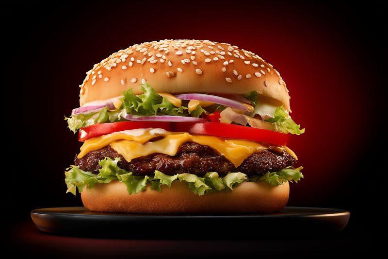 Close-up of a juicy cheeseburger with melted cheese, crisp lettuce, ripe tomato and red onion on a sesame seed bun, presented on a dark plate with dramatic lighting.