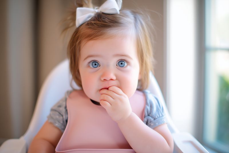 Portrait of an adorable baby sitting in a high chair with a pastel bib and white hair bow, gazing with big blue eyes in soft natural window light while exploring food with curious fingers.