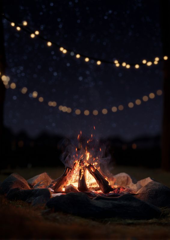 Cozy campfire burning in a stone fire pit at night with glowing embers and warm flames, soft string lights overhead and a starry sky creating an inviting outdoor atmosphere.