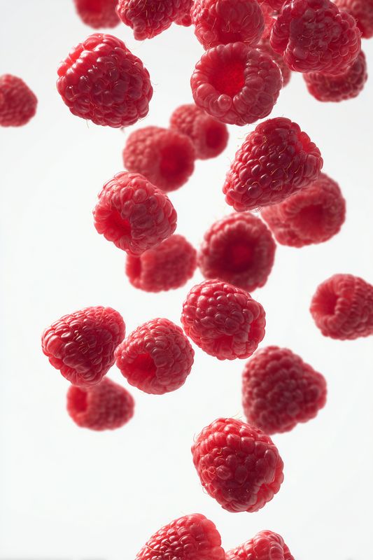 Fresh ripe raspberries suspended in midair against a bright white background, showcasing vivid red color, delicate texture and juicy details in a dynamic composition.