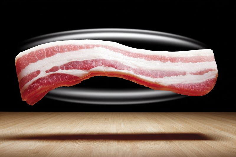 Close-up of a raw bacon slice suspended above a wooden table with dramatic studio lighting, emphasizing marbling, fat texture and vivid pink-red tones against a black background.