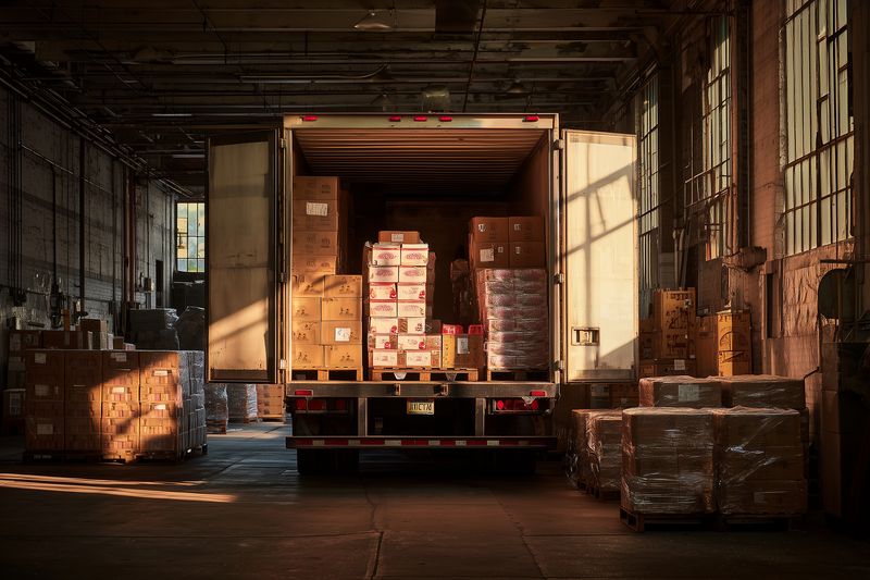 Open delivery truck parked inside an industrial warehouse with stacked cardboard boxes and pallets, warm sunlight streaming through tall windows onto a concrete floor.