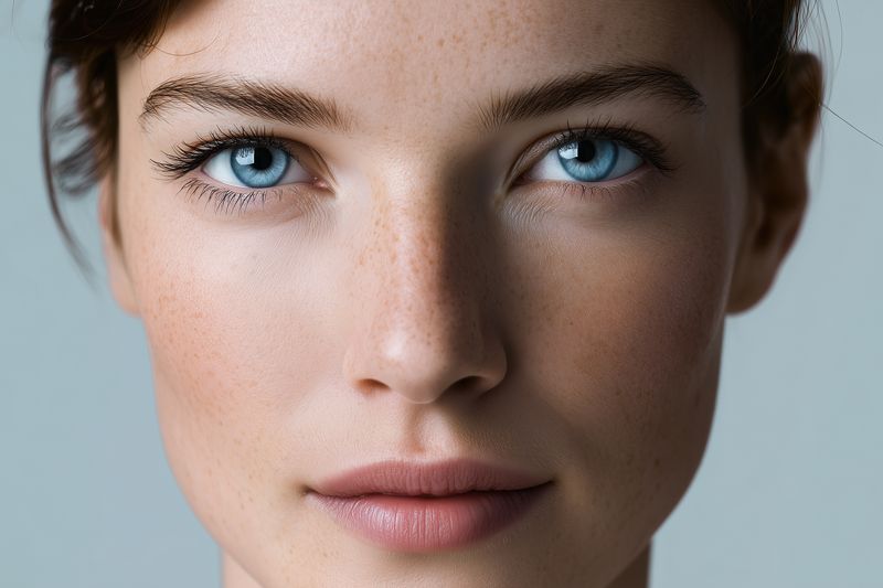 Close-up studio portrait of a young woman with striking blue eyes, natural freckles and smooth skin, soft directional lighting emphasizing facial contours for beauty and skincare concept.
