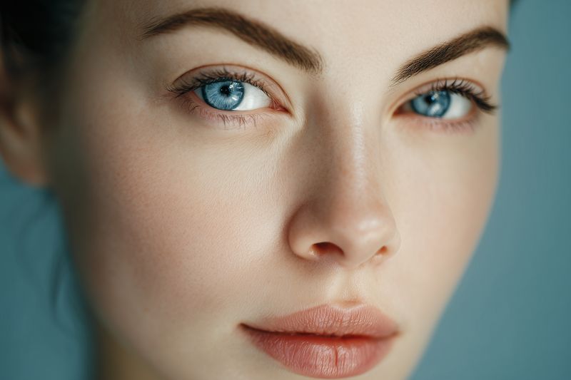Close-up portrait of a young woman with clear skin and striking blue eyes, soft natural makeup, well-defined brows and full lips creating an elegant, fresh beauty aesthetic.