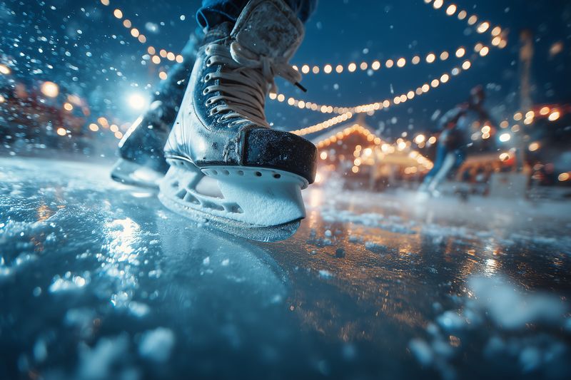 Close-up of an ice skate gliding on an outdoor rink at night with sparkling bokeh lights, frozen spray and motion blur capturing dynamic winter skating action and festive atmosphere.