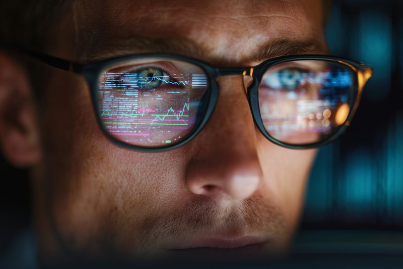 Close-up of a focused man wearing glasses with colorful code and financial charts reflected in the lenses, highlighting concentration, technology and data-driven analysis in a dark space.