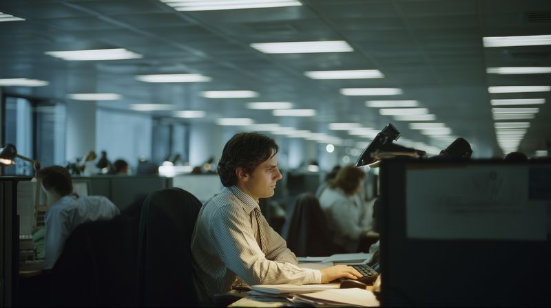 Young man working late in a dimly lit open plan office, focused at his computer in a row of cubicles under fluorescent lights, surrounded by paperwork and coworkers.