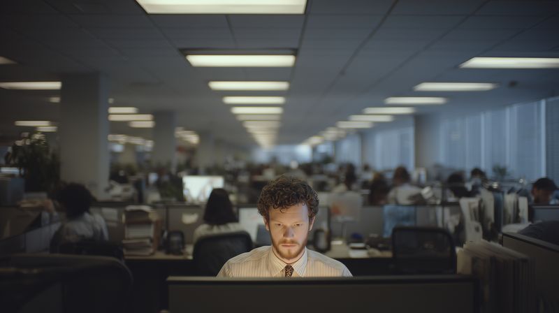 A focused professional works late at his computer in a dim open-plan office, monitor glow illuminating his face while coworkers blur in the background during quiet night shift.