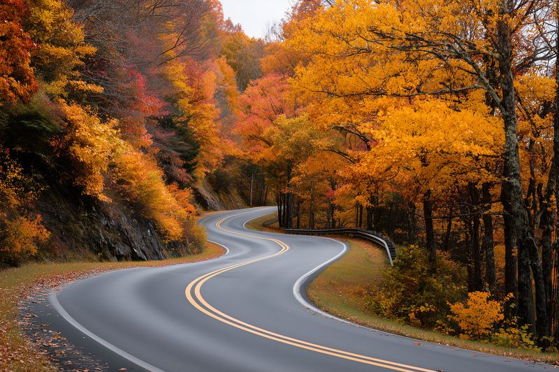 Curving empty asphalt road winds through a vibrant autumn forest with golden and red foliage, wet pavement reflecting soft light, guardrail lining the turns and fallen leaves.